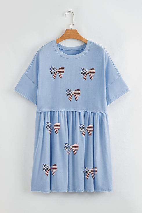 Patriotic Sequin Flag Bow Applique Babydoll T Shirt Dress With Pockets